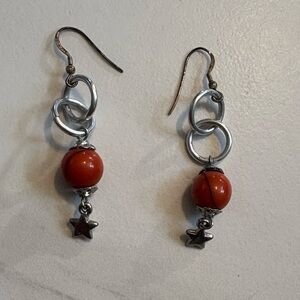 Chic Silver and Red Bead Star Earrings